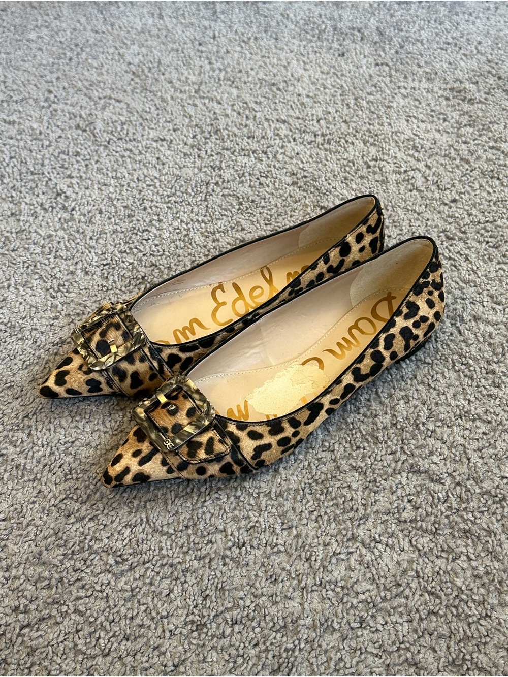Sam Edelman Leopard Print Pointed Toe Buckle Flats - Tan/Black - Picture 5 of 10